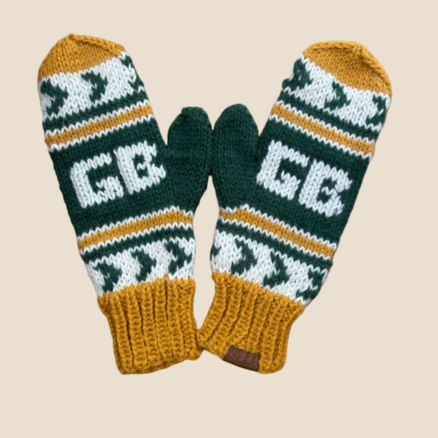GB Alpaca Knit Mittens - Green and yellow mittens