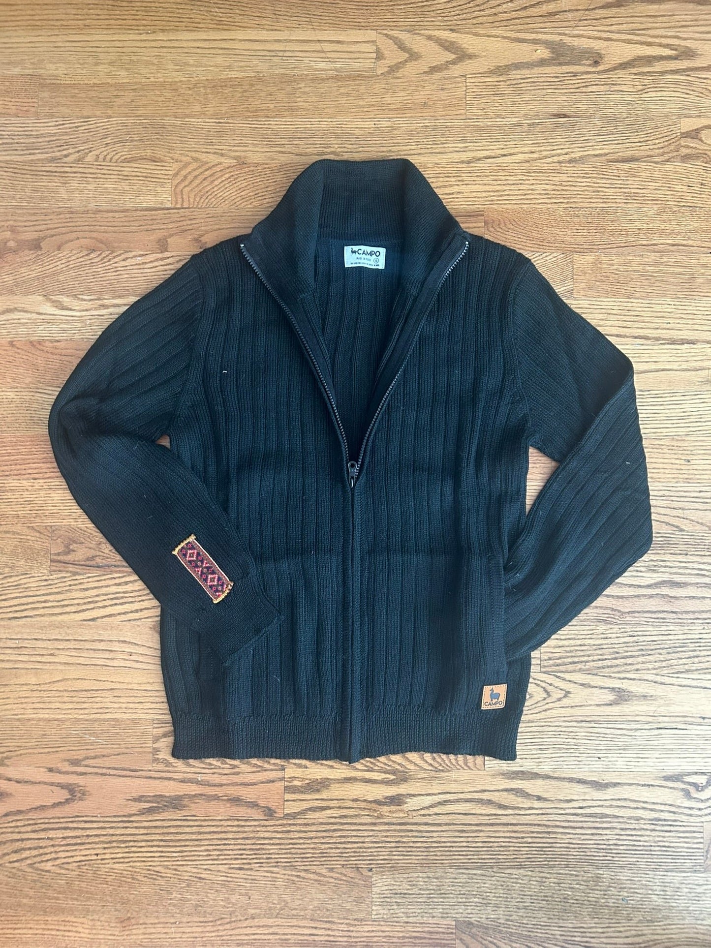 Ribbed Full Zip Alpaca Cardigan - Mock Neck - Black & Salt & Pepper