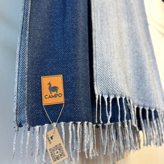 Blue and gray striped scarf with a 'Campo' brand tag on a light background