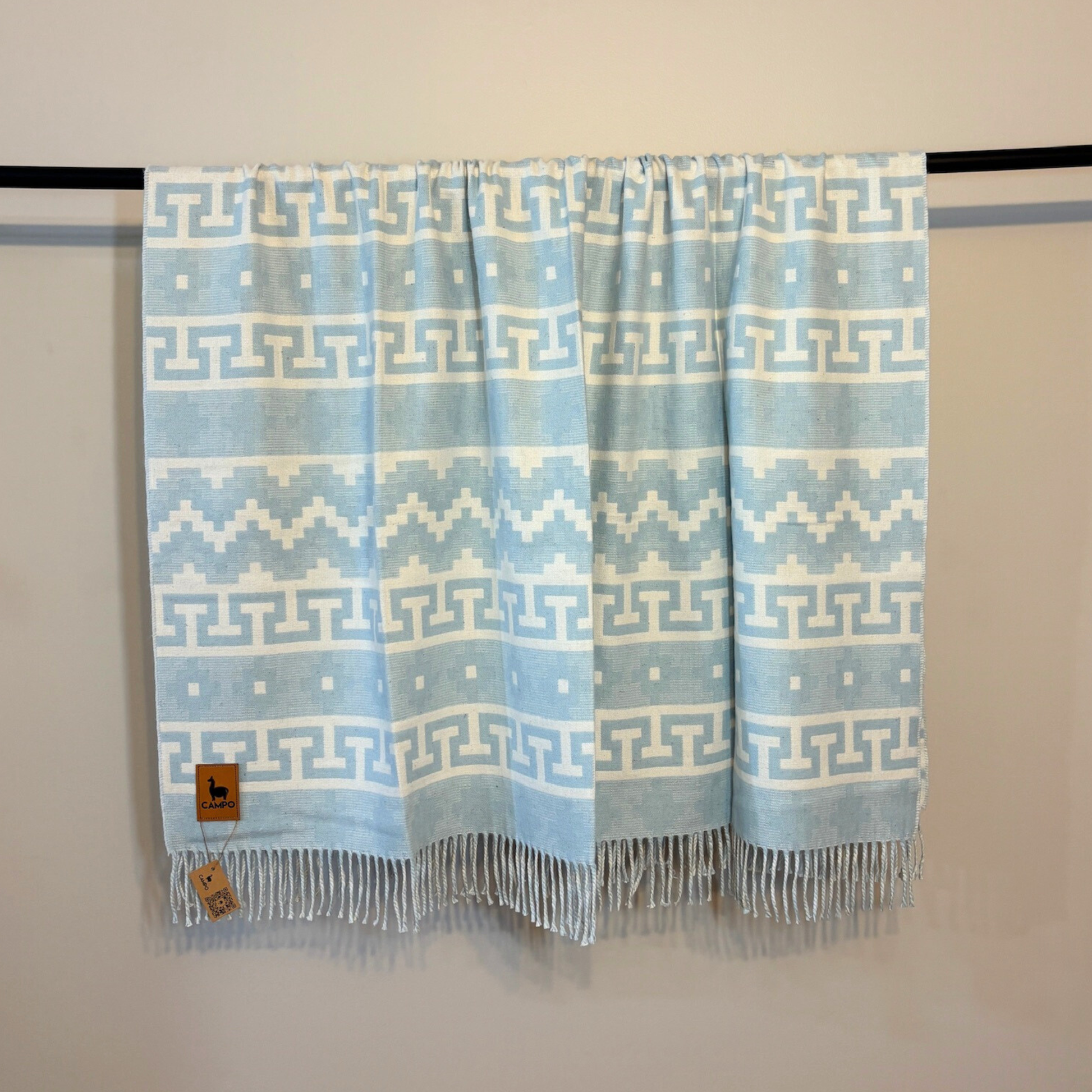 Light blue patterned throw blanket with fringes on a black rod against a beige wall.