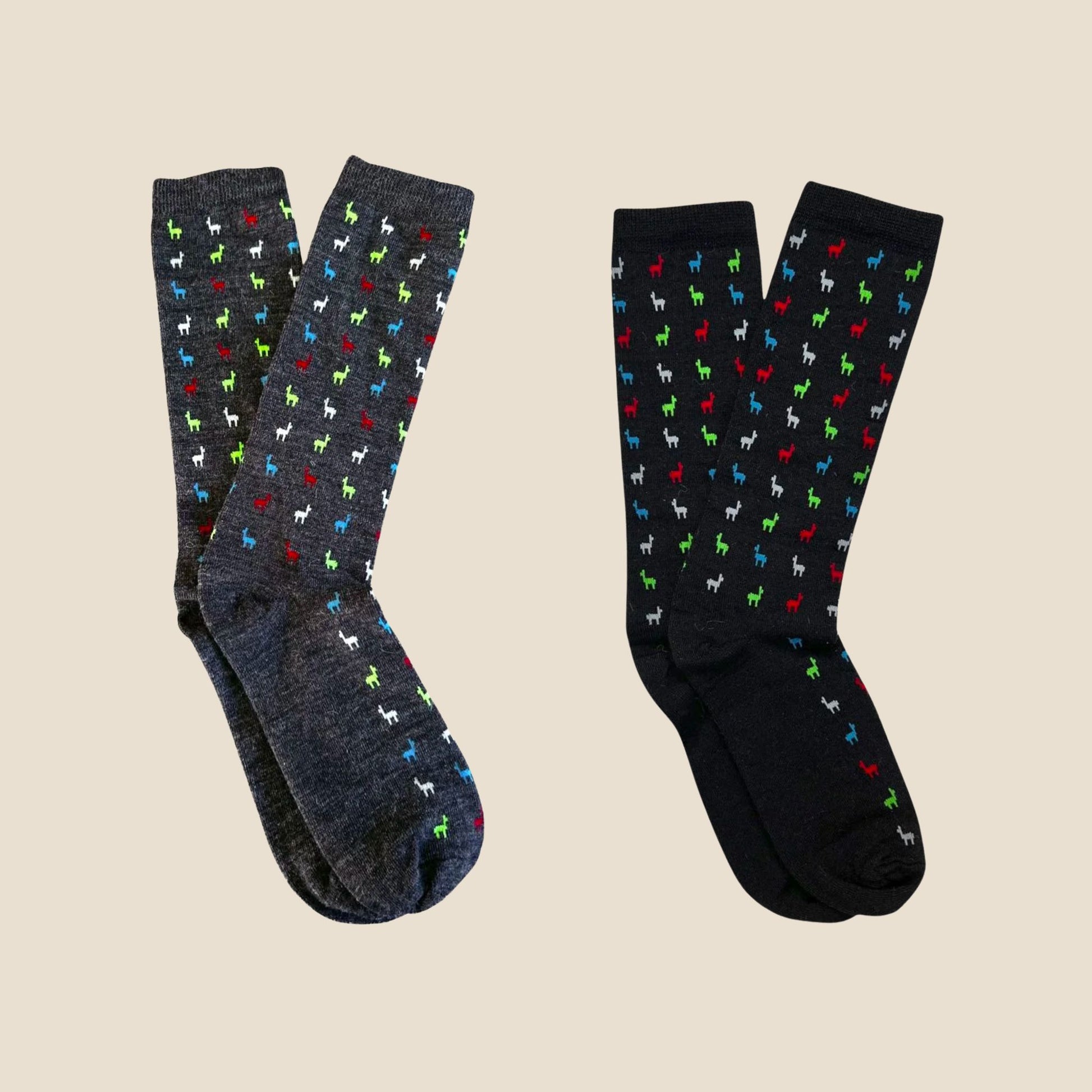 Two pairs of socks with colorful alpaca pattern on a beige background