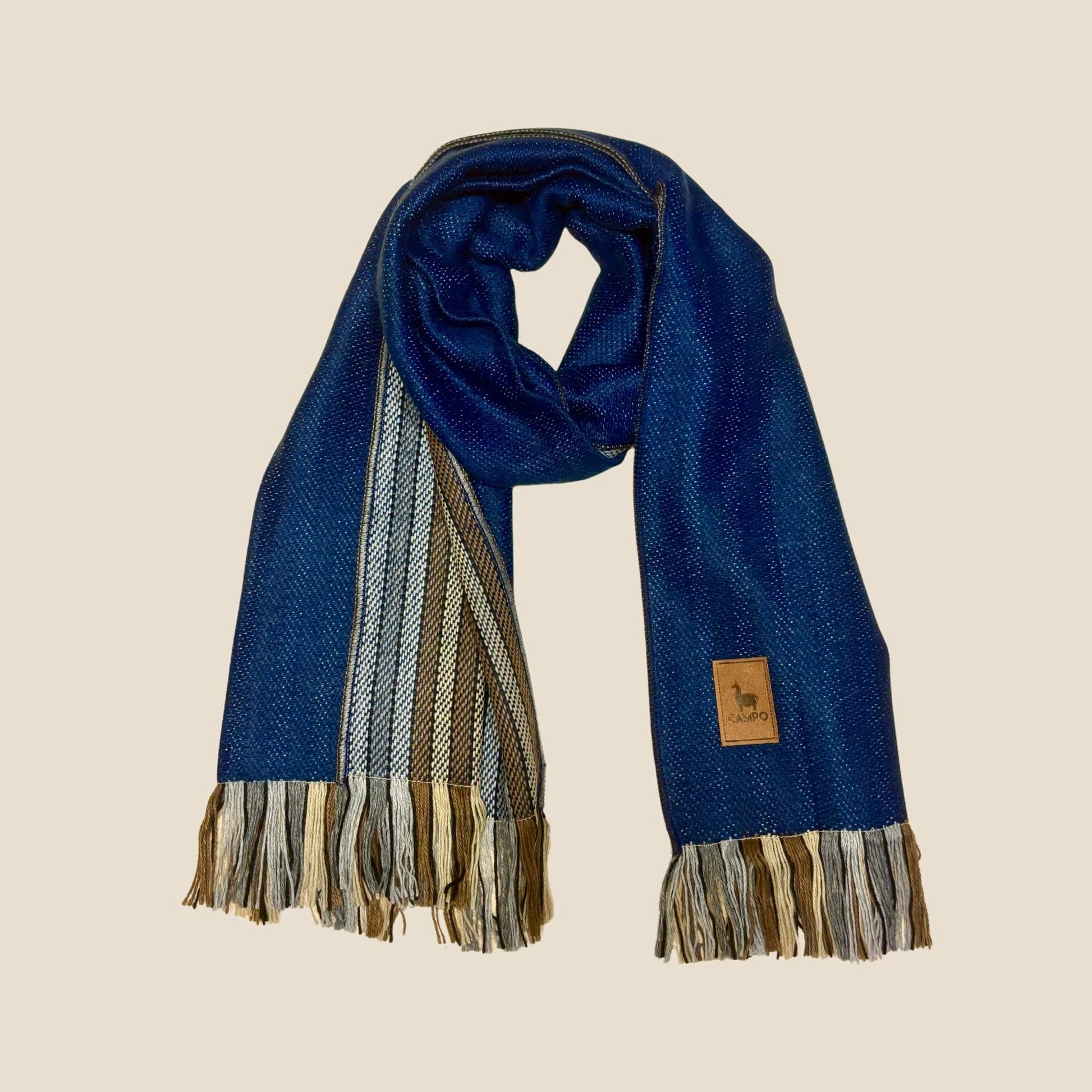 Dark Blue Campo Alpaca Striped Scarf – woven alpaca Carlos design with soft, lightweight texture