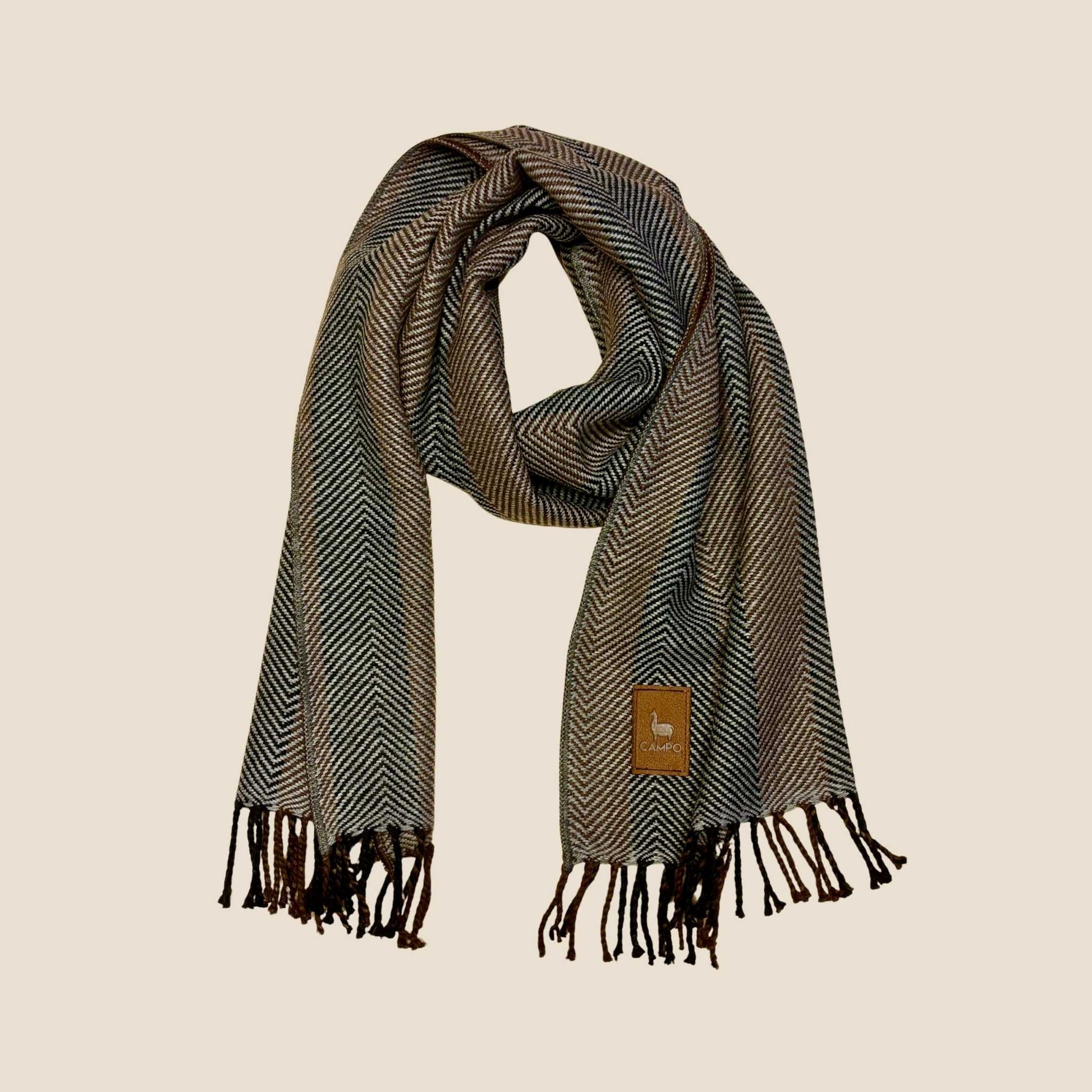 Dark Natural Campo Alpaca Striped Scarf – woven alpaca Carlos design with soft, lightweight texture