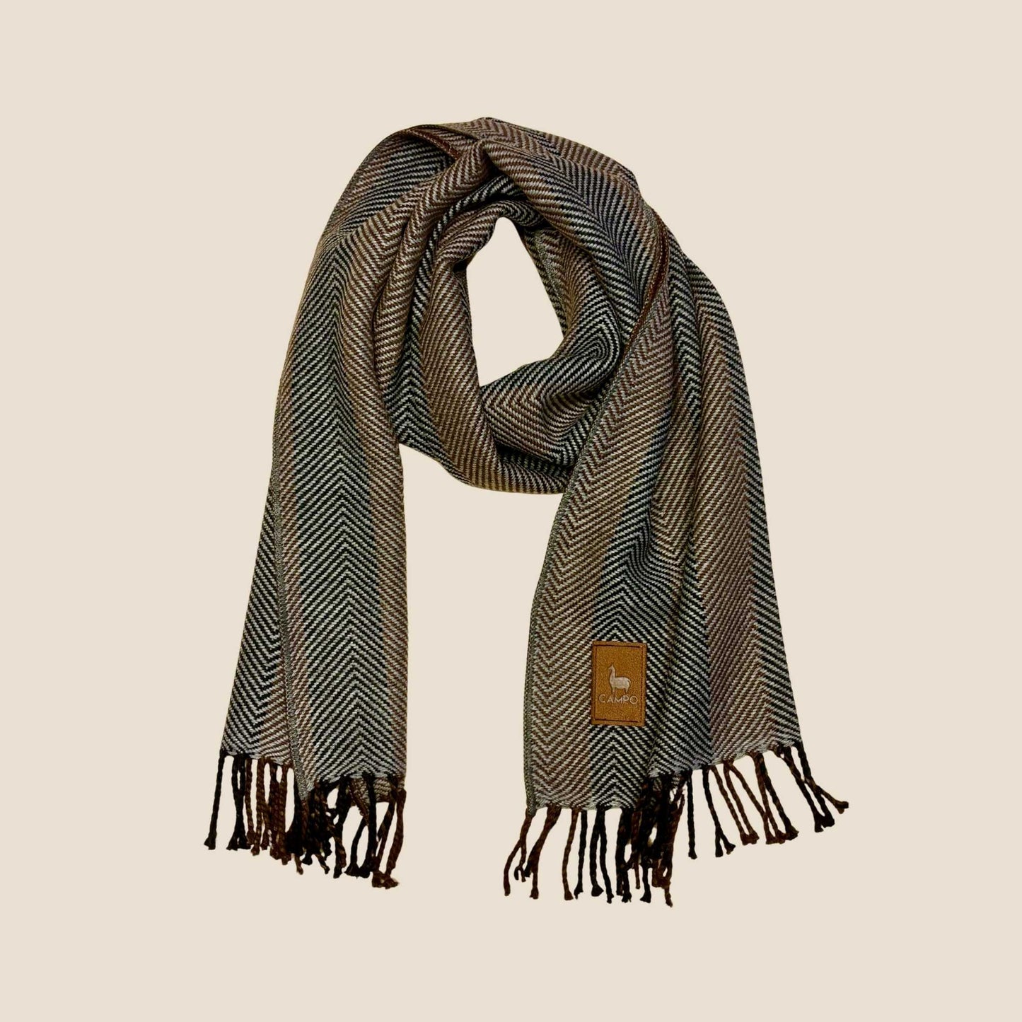Dark Natural Campo Alpaca Striped Scarf – woven alpaca Carlos design with soft, lightweight texture