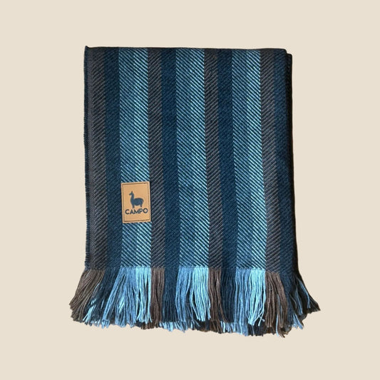 Blue and black striped blanket with a visible brand logo on a beige background