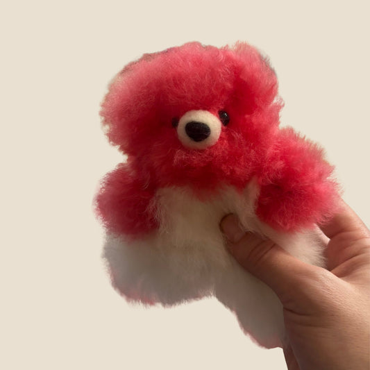 Small red and white teddy bear held in a hand against a plain background