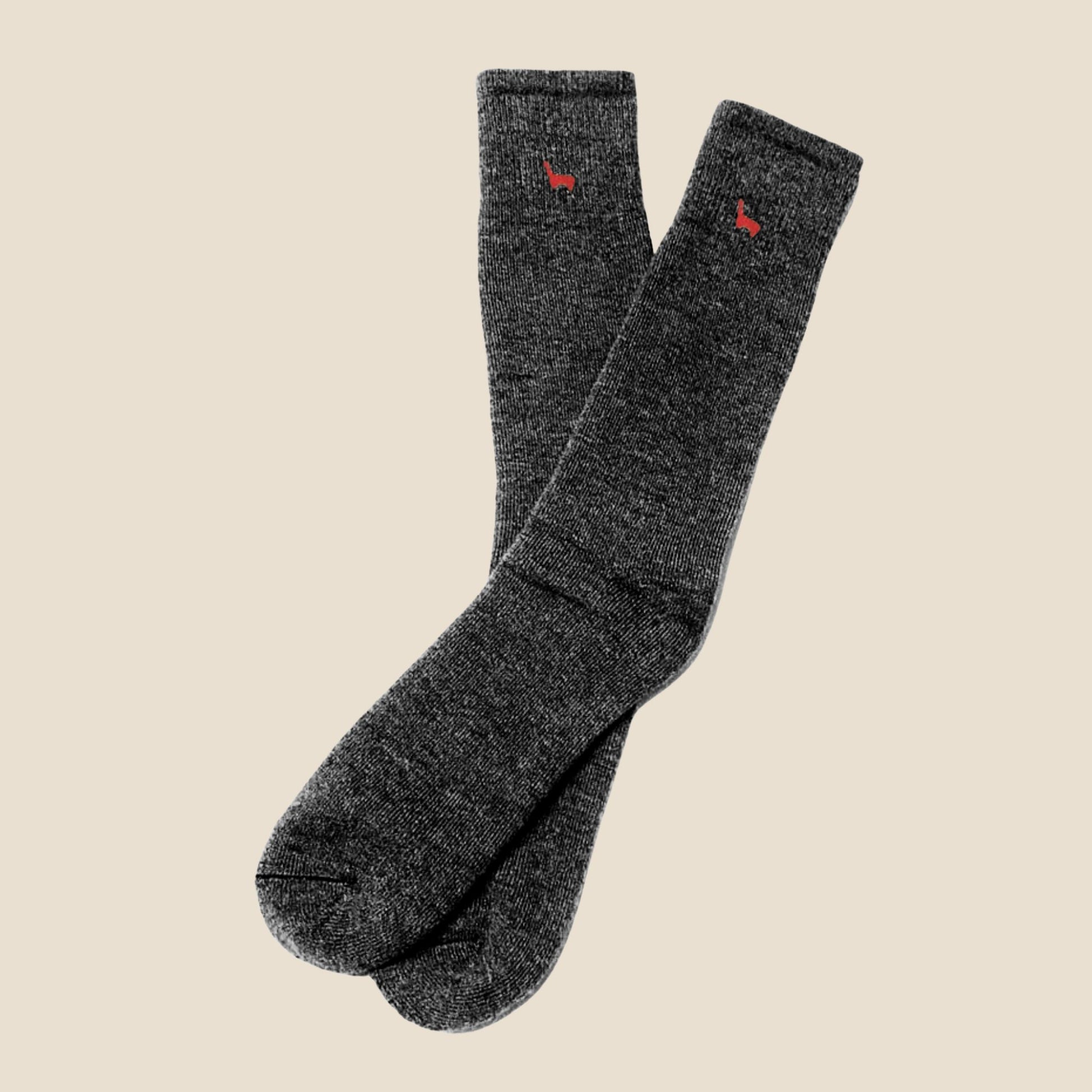 Pair of charcoal socks with red accents on a beige background