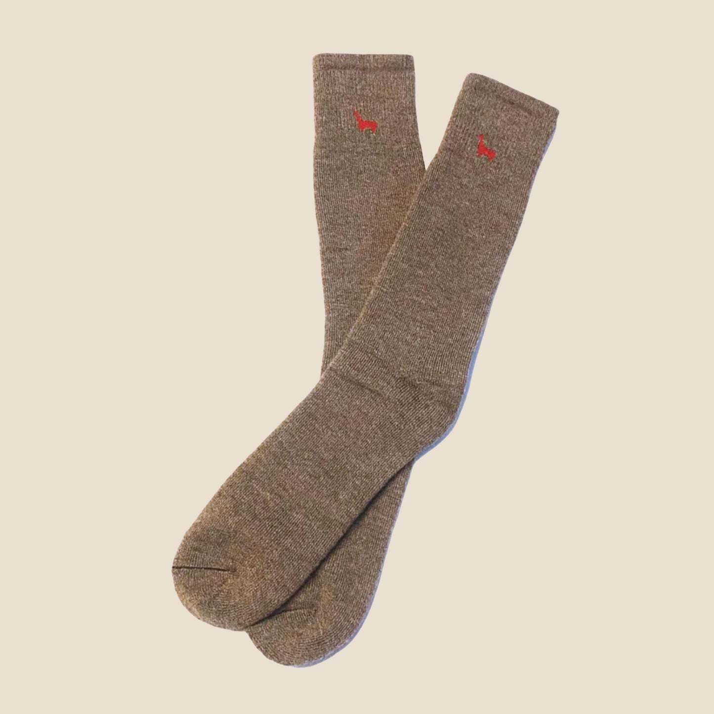 Pair of chestnut socks with red accents on a beige background