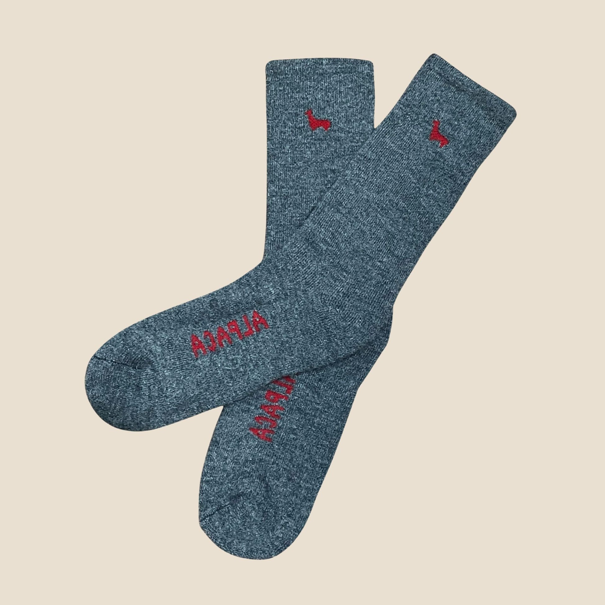 Pair of gray socks with red text and small logos on a beige background