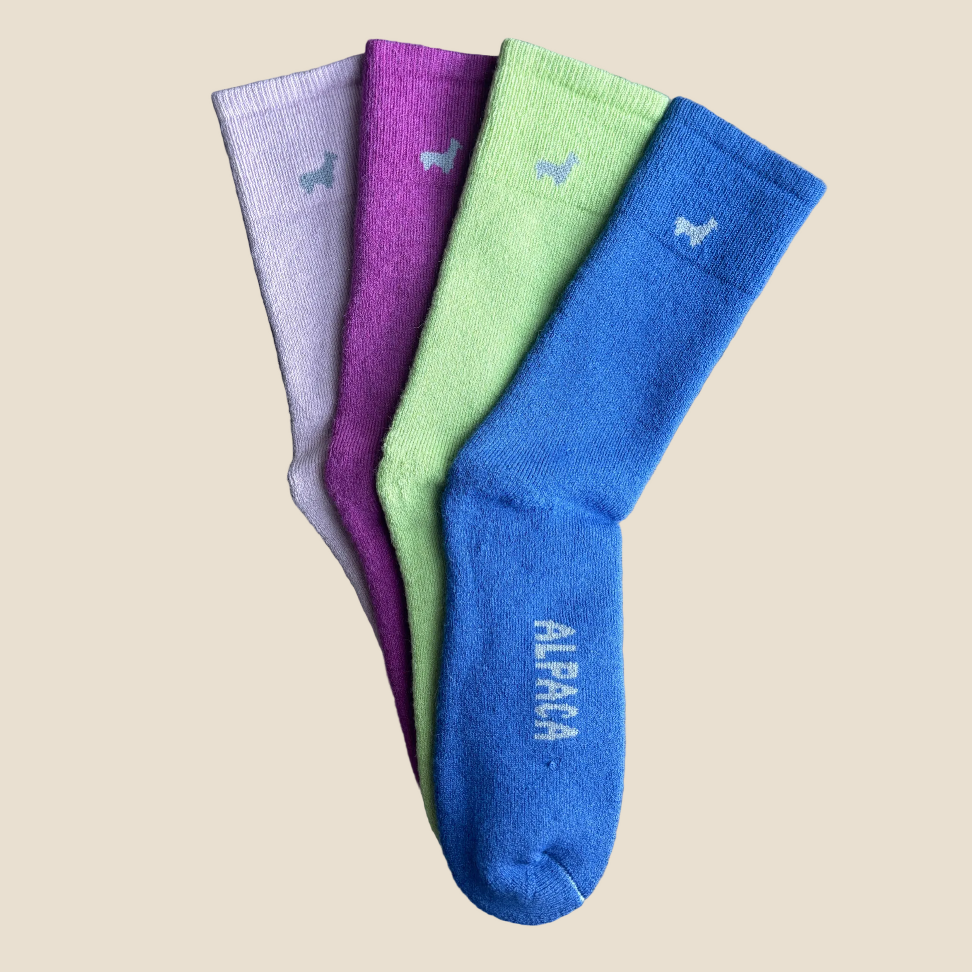 Four pairs of colorful socks on a wooden surface, with 'Alpaca' branding.