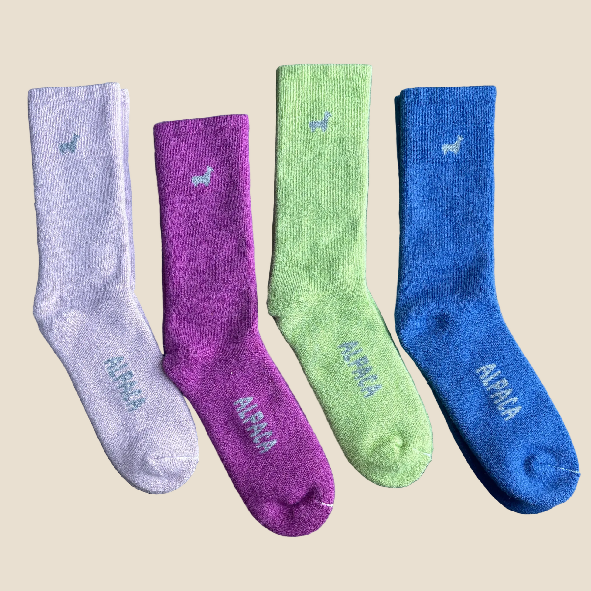 Four colorful socks with 'ALPACA' branding on a beige background