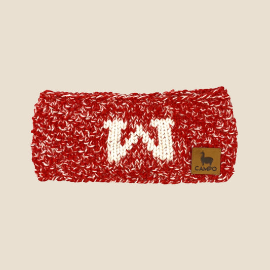 Red alpaca headband with Wisconsin logo and 'Campo' label on a beige background