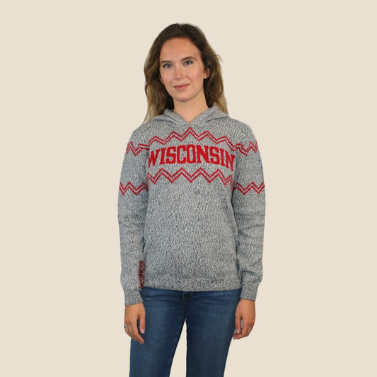 Person wearing a gray hoodie with 'Wisconsin' design on a beige background