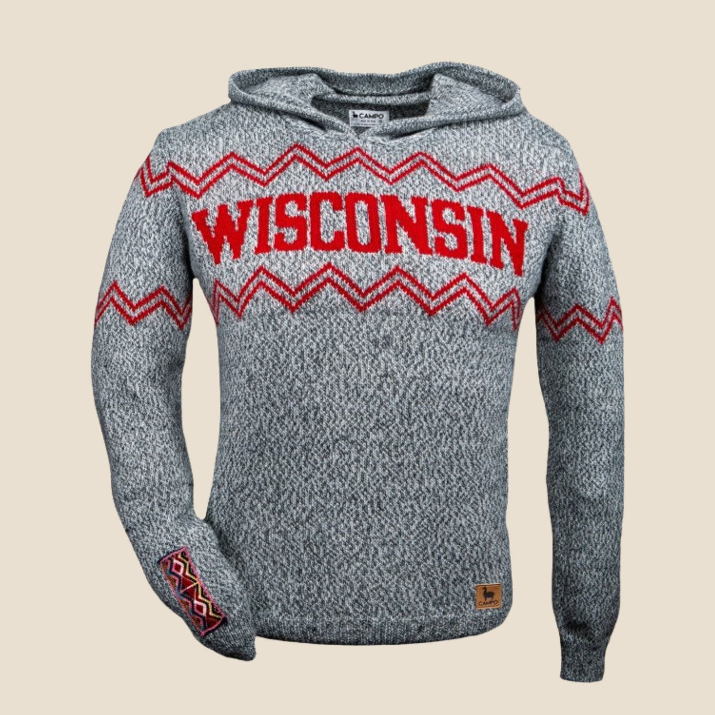 Gray hoodie with red 'Wisconsin' text on a beige background