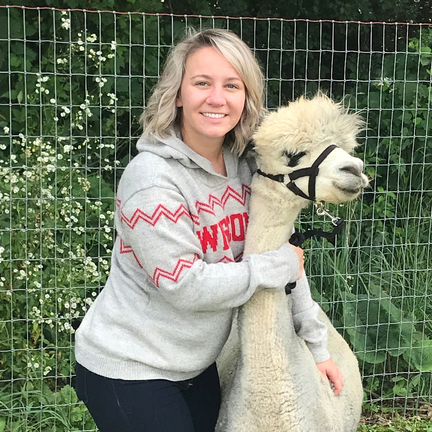 Woman in a gray hoodie with red text standing next to a white alpaca in an outdoor setting.