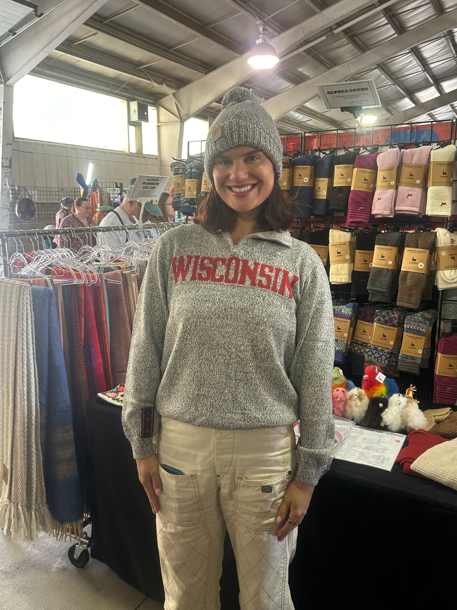 Wisconsin Quarter Zip-Up Alpaca Sweater in Salt & Pepper color – model front view