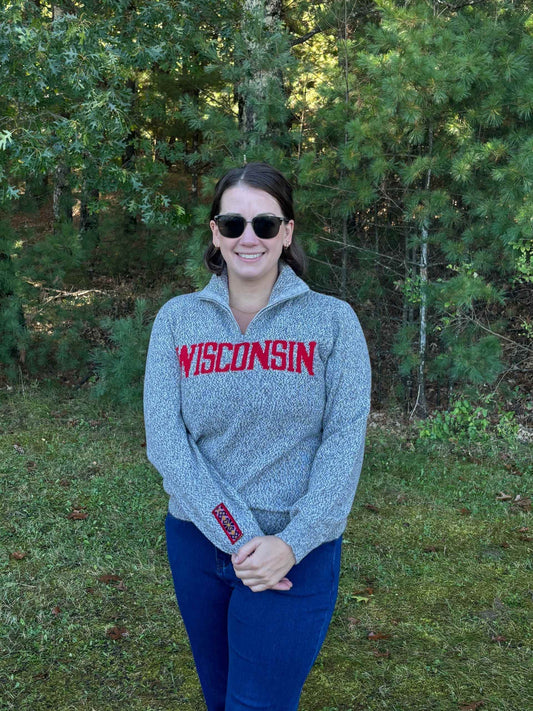 Wisconsin Quarter Zip-Up Alpaca Sweater in Salt & Pepper color – model 2 front view
