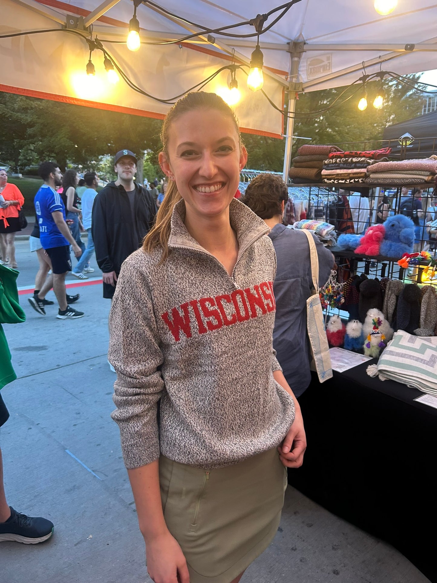 Wisconsin Quarter Zip-Up Alpaca Sweater in Salt & Pepper color – model side view