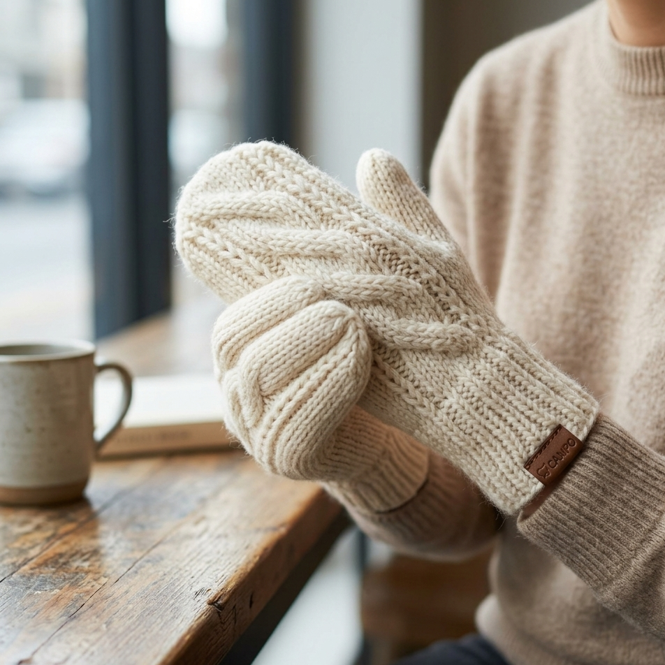 Person wearing beige knitted gloves with a wooden tag, sitting at a wooden table with a mug.