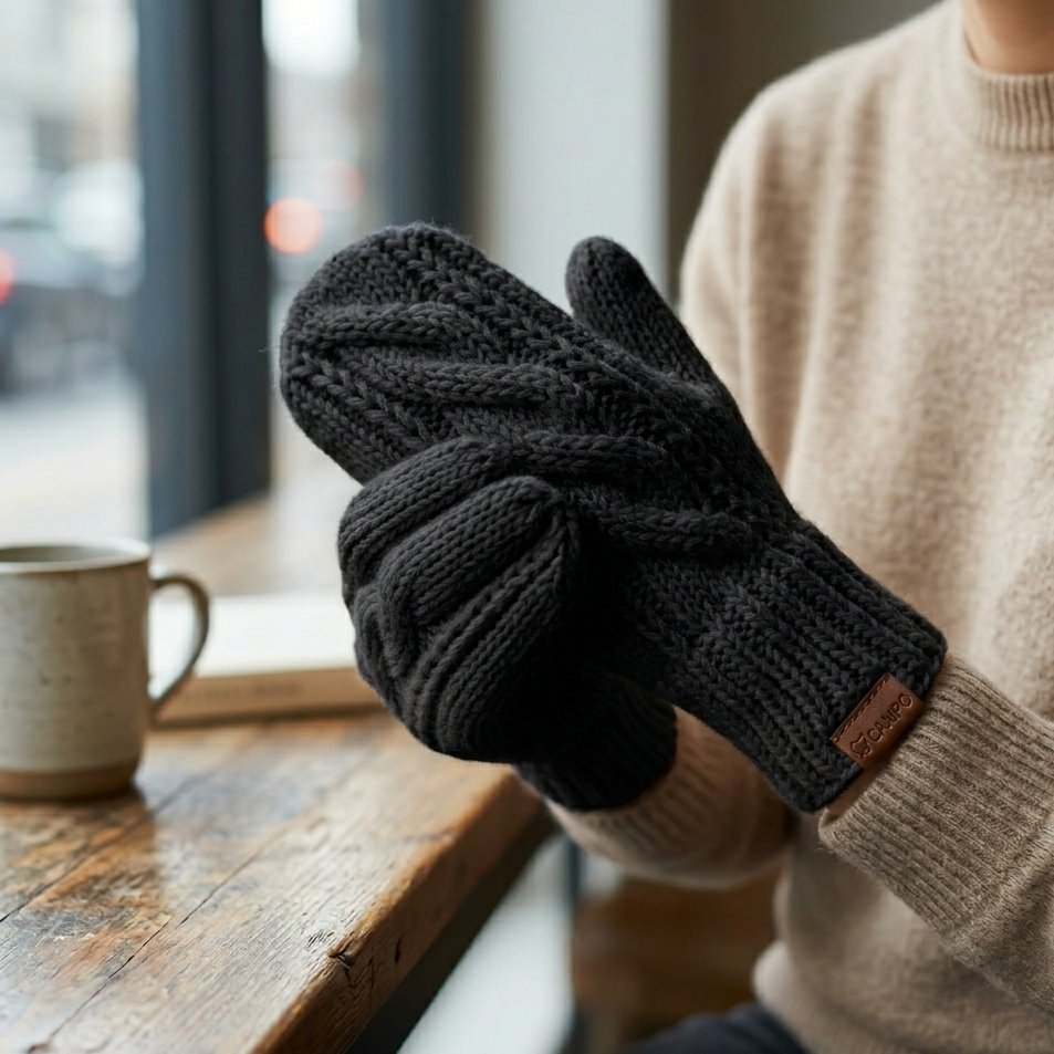 Person wearing dark gray knit gloves with a beige sweater, sitting by a window with a mug on a wooden table.