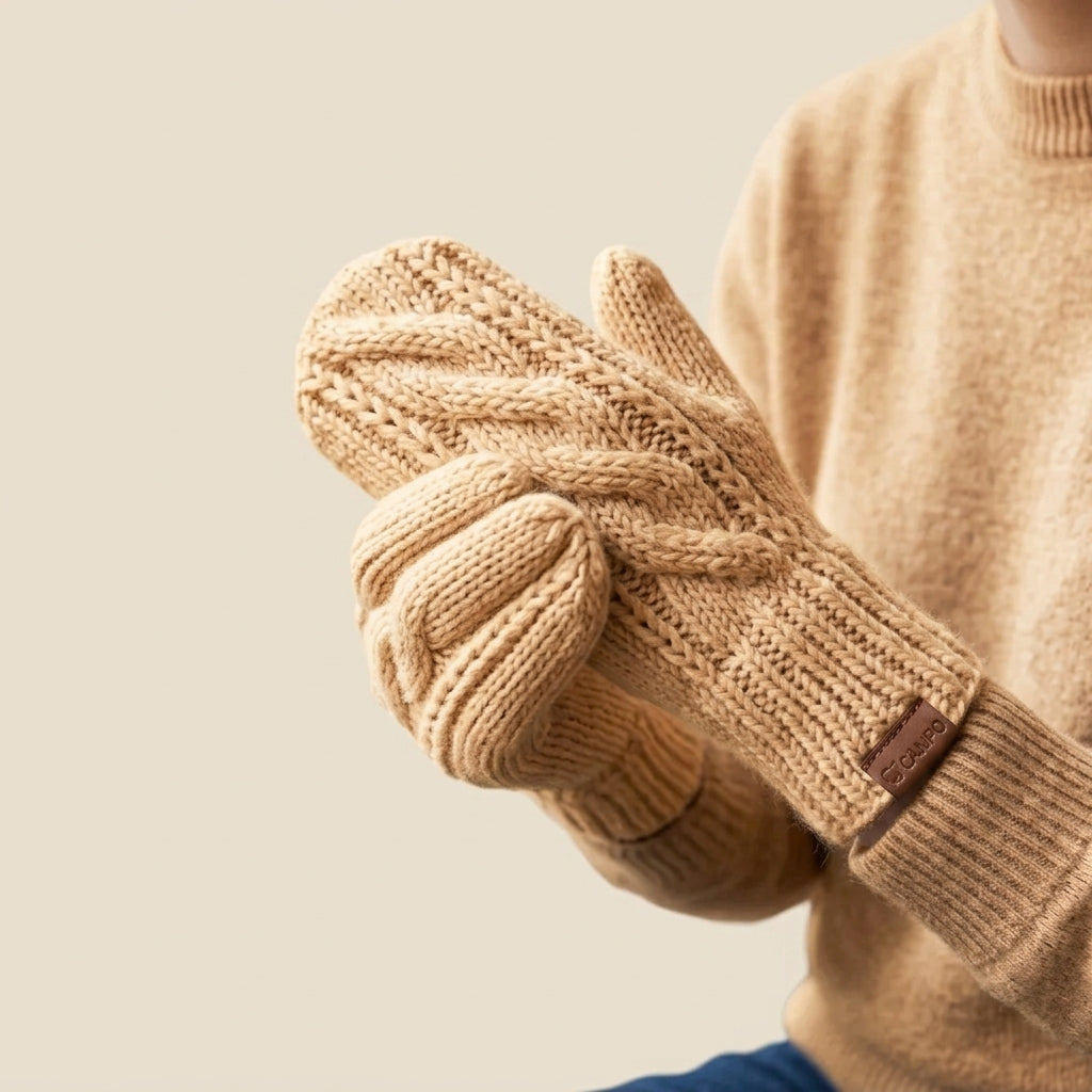 A person wearing a cream-colored knit sweater and matching cream cable-knit winter gloves, shown against a solid light beige background.