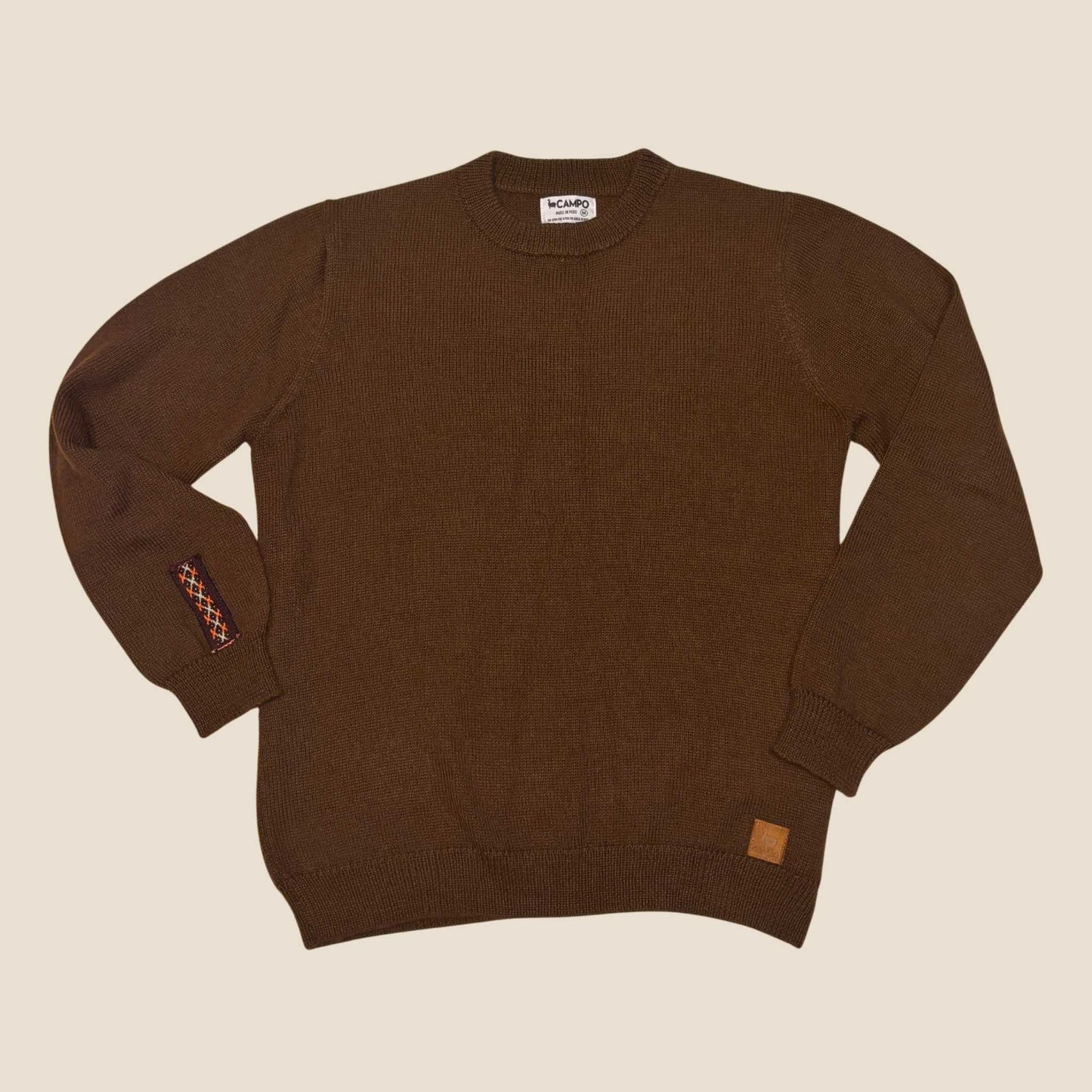 Alpaca Crew Neck Sweater in Brown – flat lay showing full design
