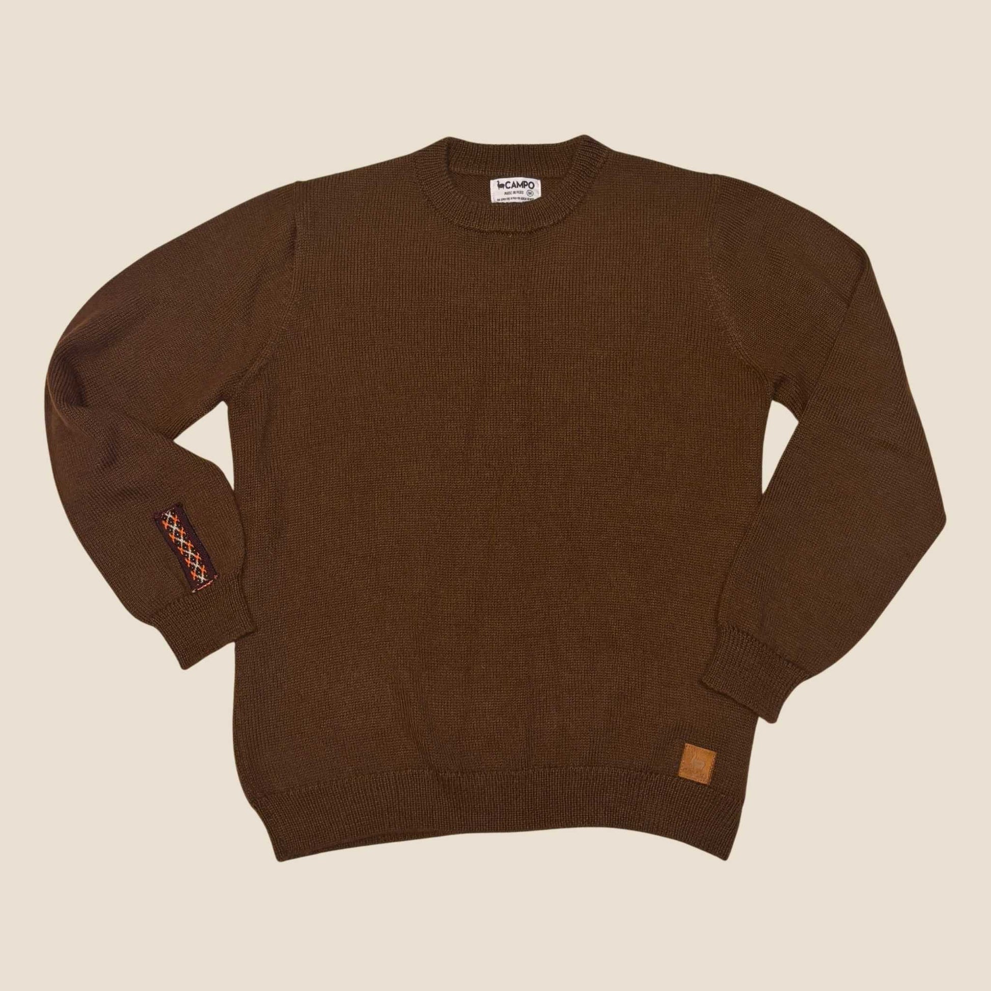 Alpaca Crew Neck Sweater in Brown – flat lay showing full design