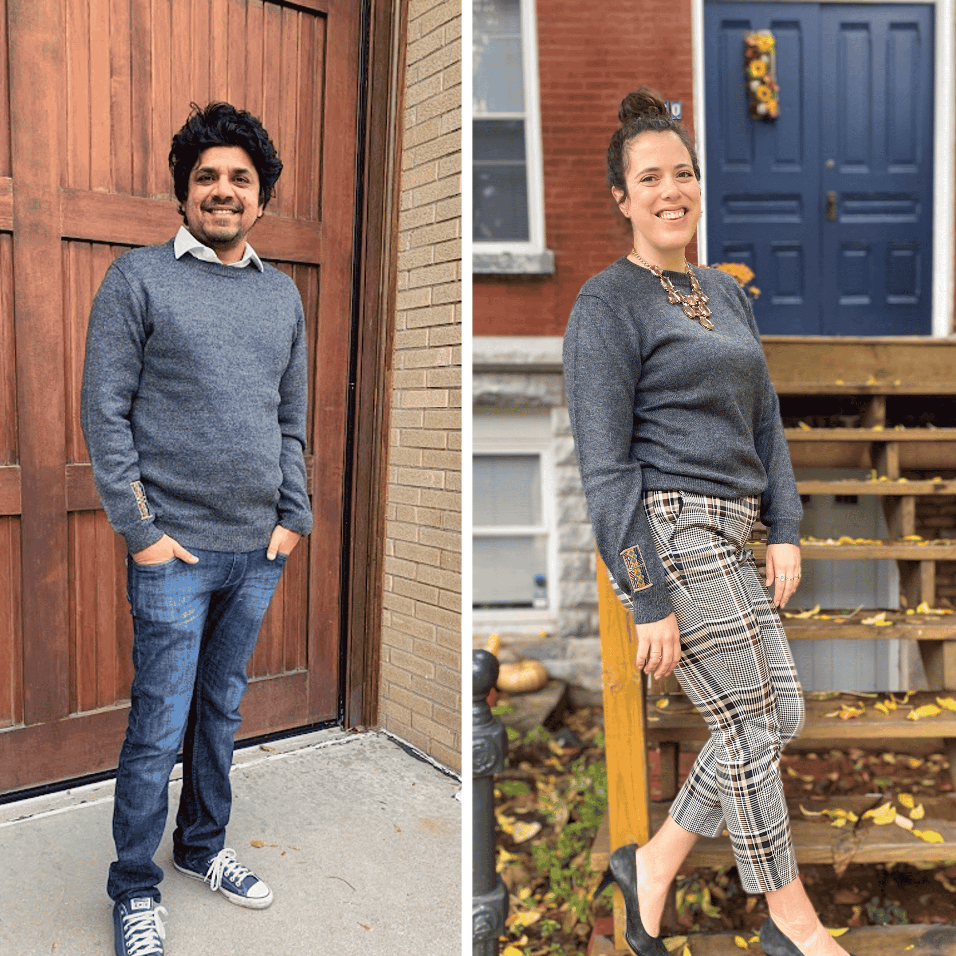 Two people wearing matching gray sweaters in front of different doors.