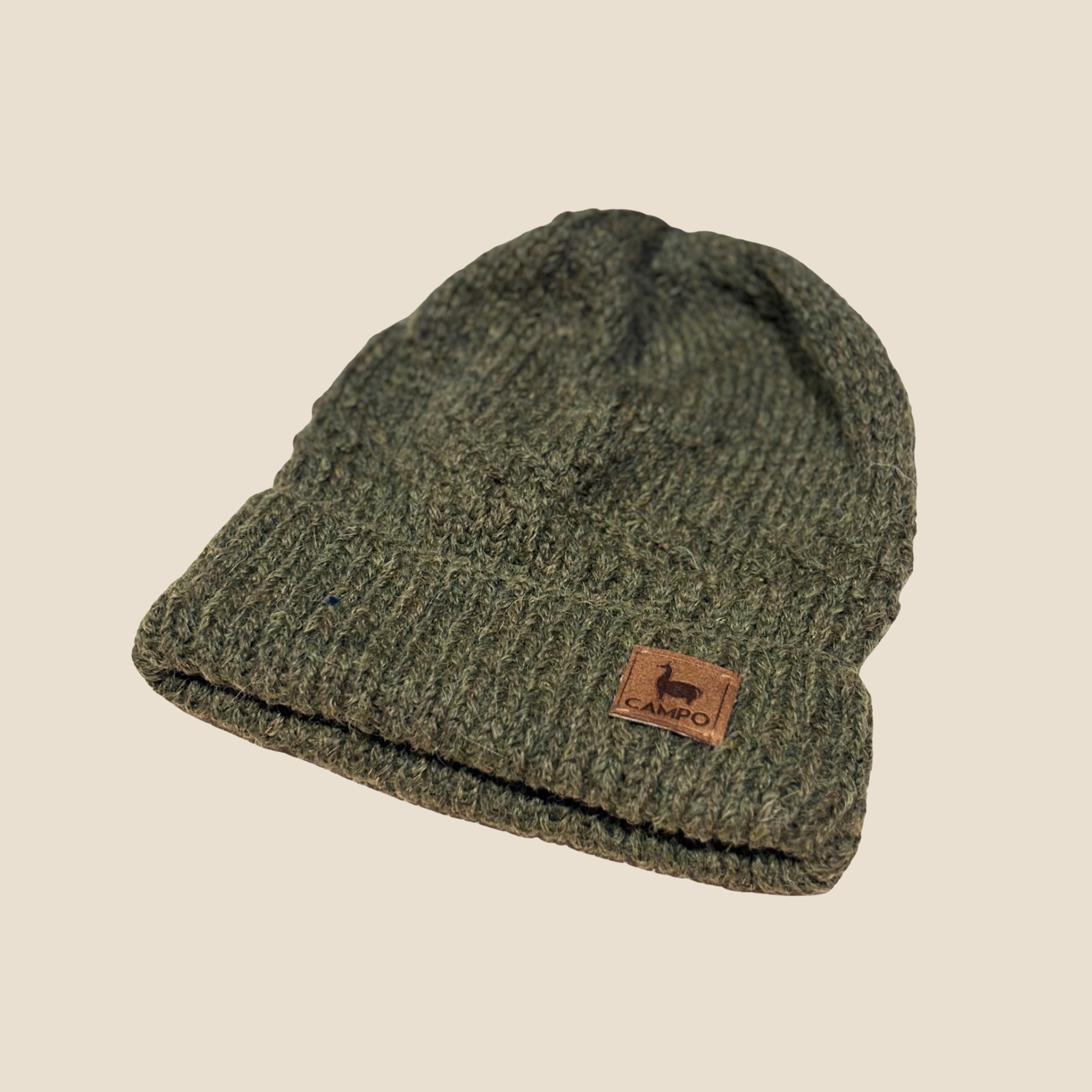Green knit beanie with a brown leather patch on a beige background
