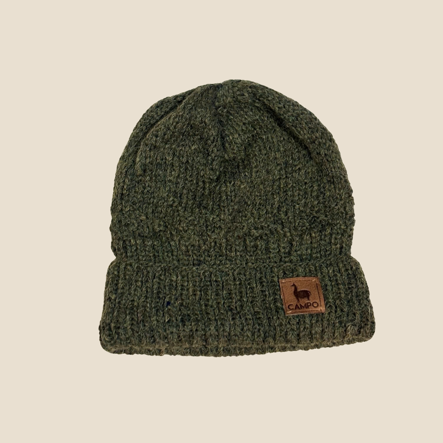 Green knit beanie with a brown patch on a beige background