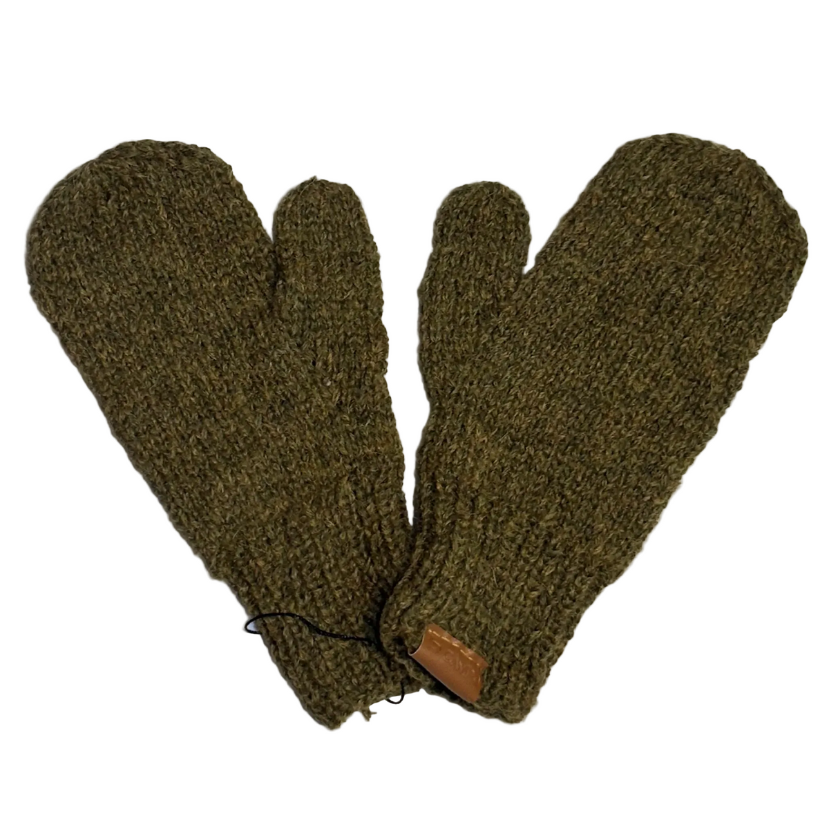 A pair of olive green knit mittens laid flat on a light off-white background, featuring a small brown leather tab on the cuff.