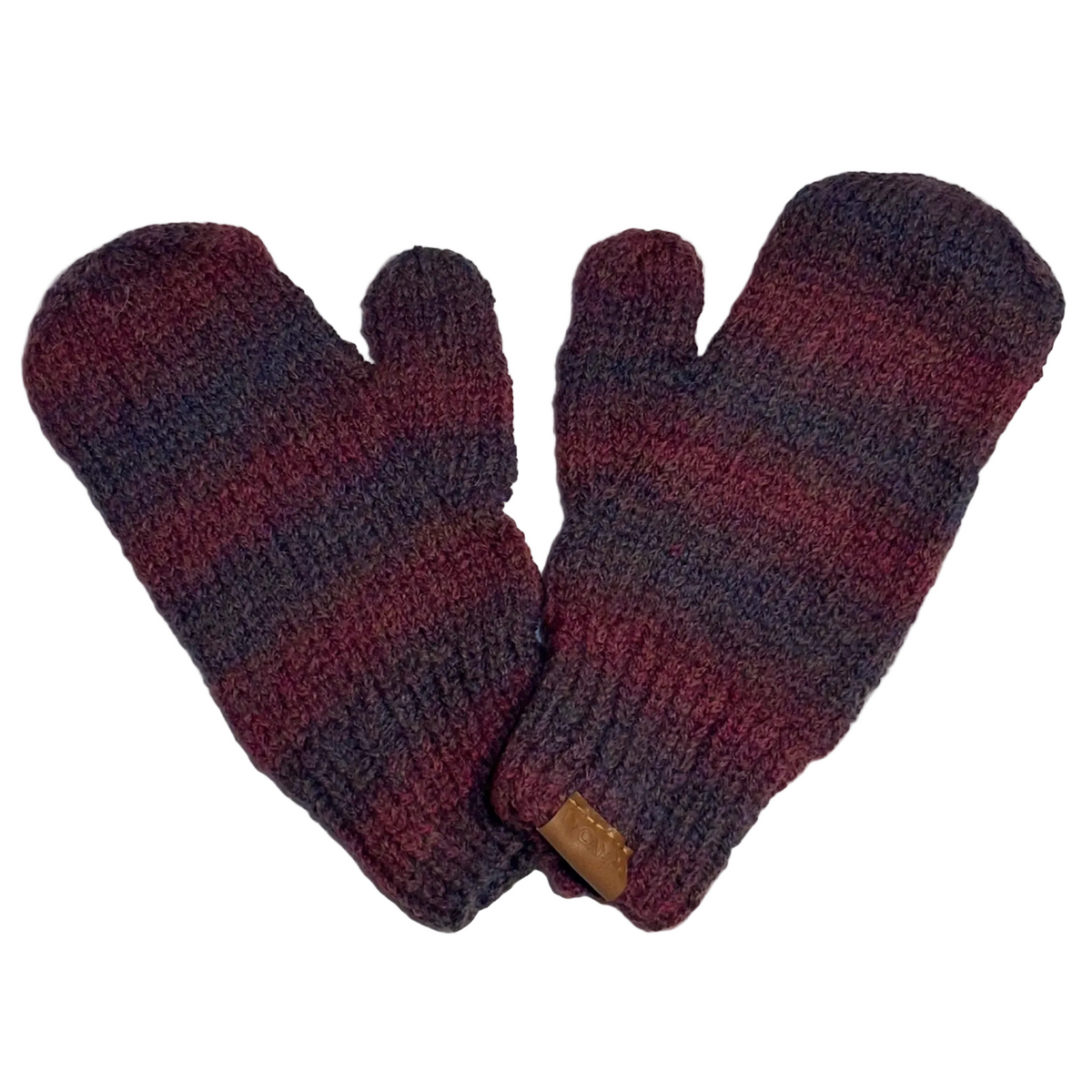 A pair of hand-knit mitten gloves with horizontal stripes of burgundy red and dark charcoal gray, featuring a small brown leather tab at the cuff, displayed on a light gray textured background.