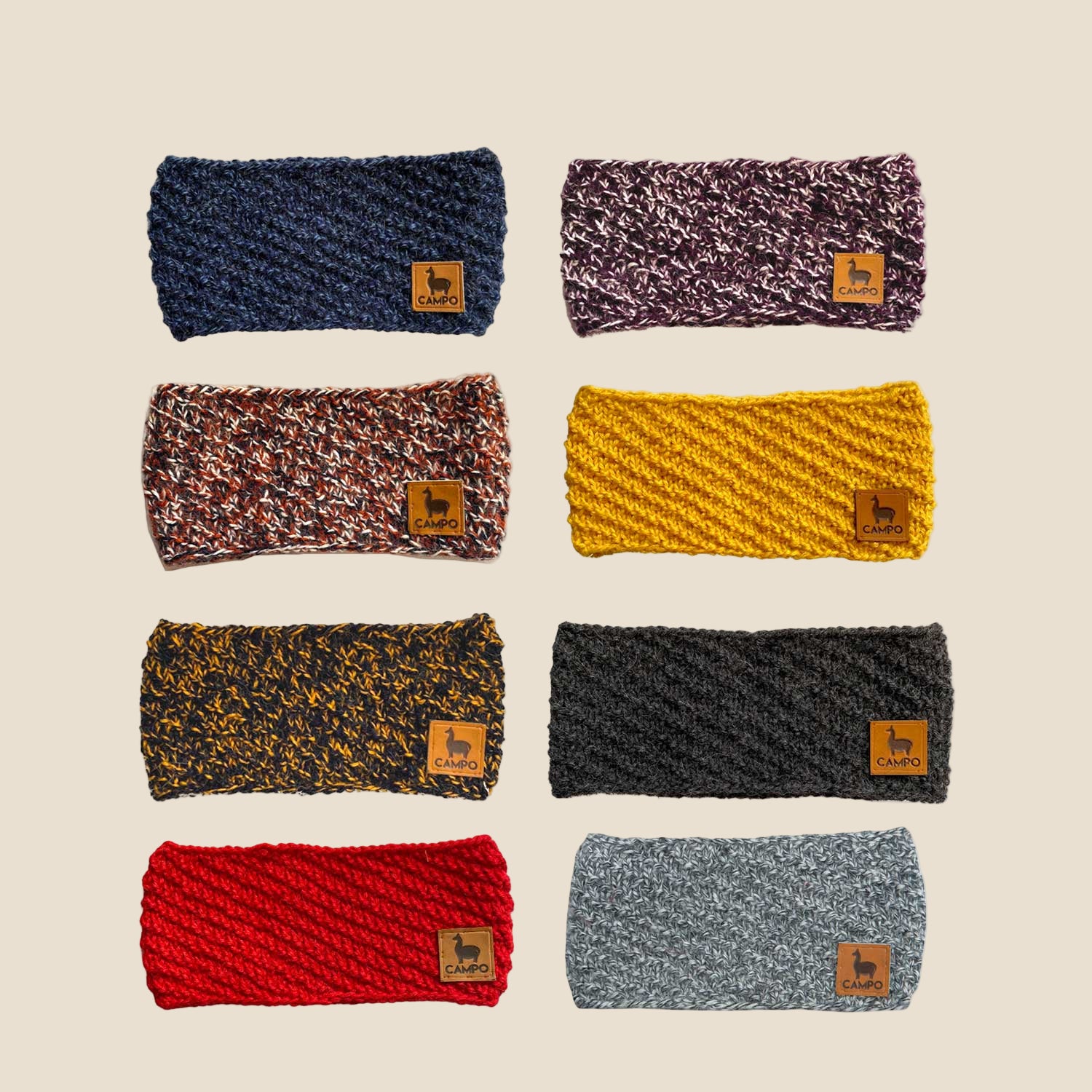 Set of eight knitted headbands in various colors with brand logos on a white background