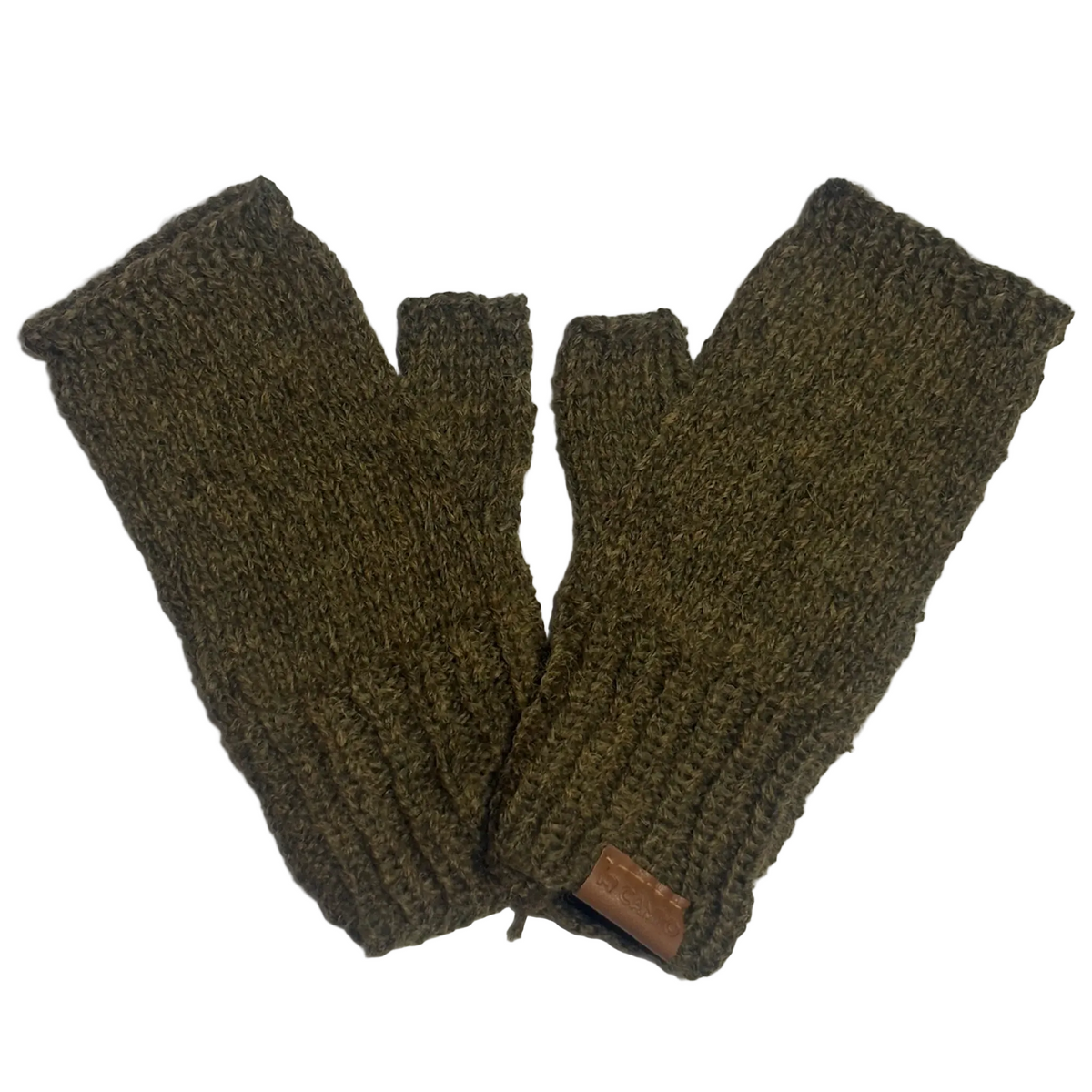 A pair of olive green chunky knit fingerless gloves laid flat on a light gray textured surface. A small brown leather brand tag is visible on the cuff of the right glove.