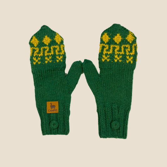 Pair of green knitted mittens with yellow patterns on a white background