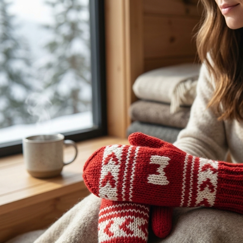 Person wearing red and white patterned mittens sitting by a window with a cup of coffee.