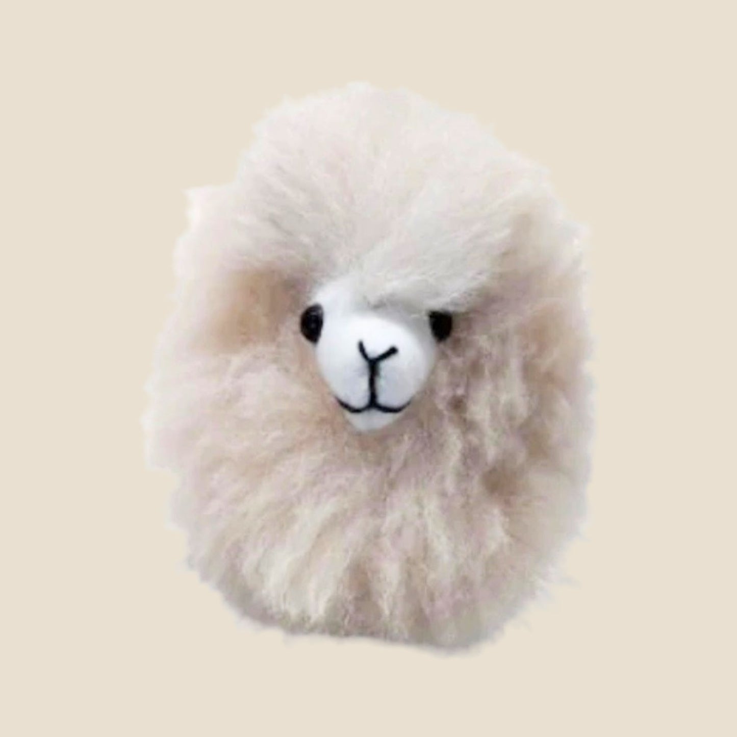 Plush toy llama head on a beige background