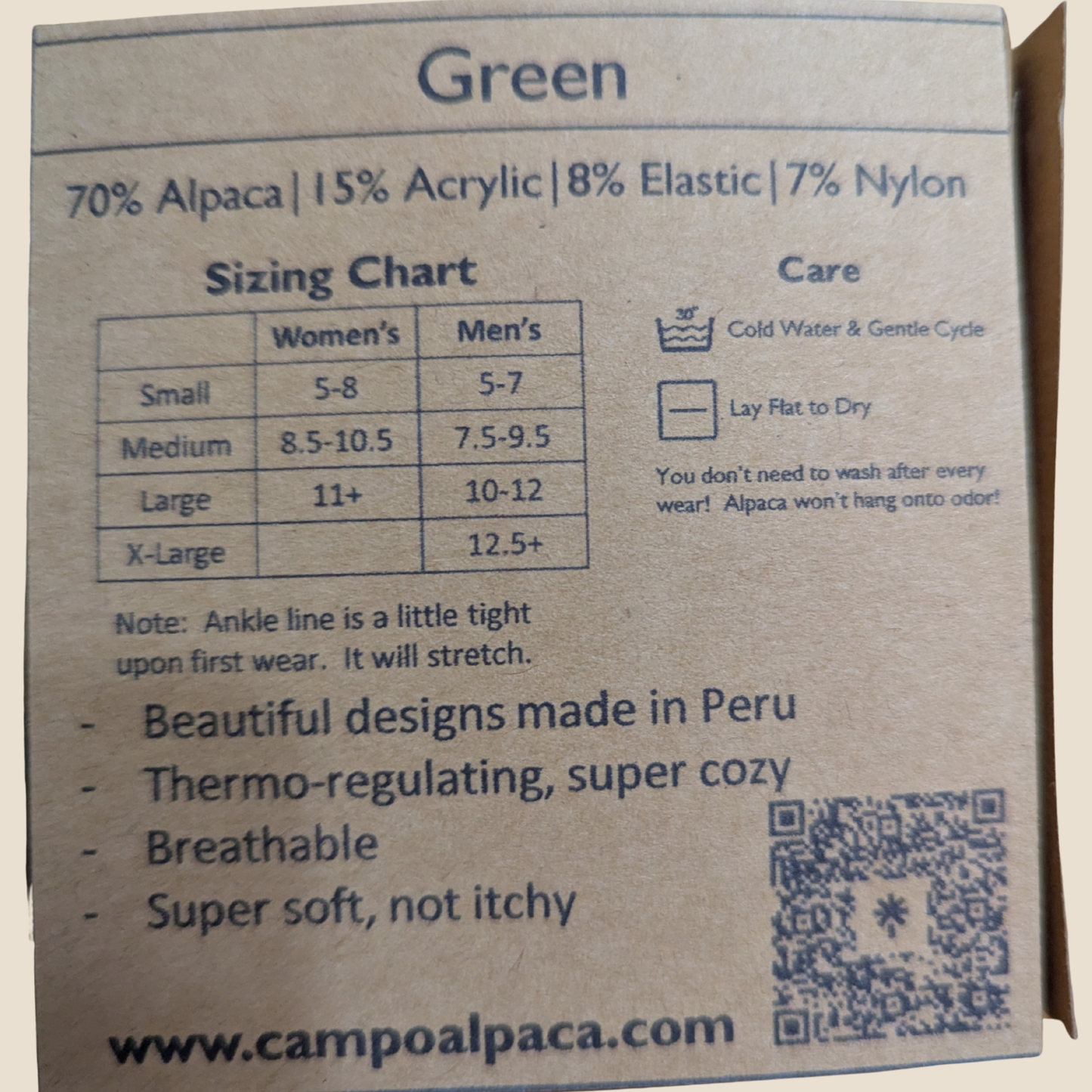 Tag including sizing chart and care instructions.