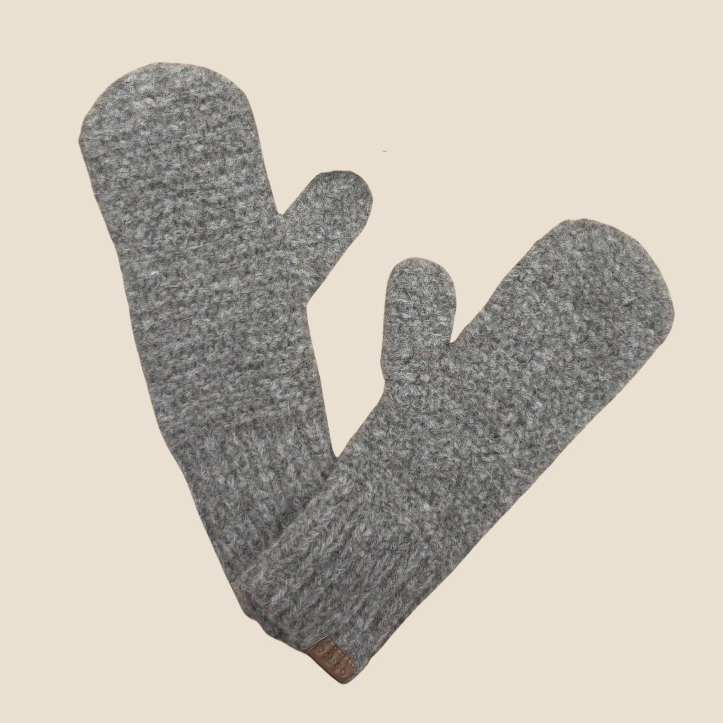 Pair of oatmeal mittens on a beige background