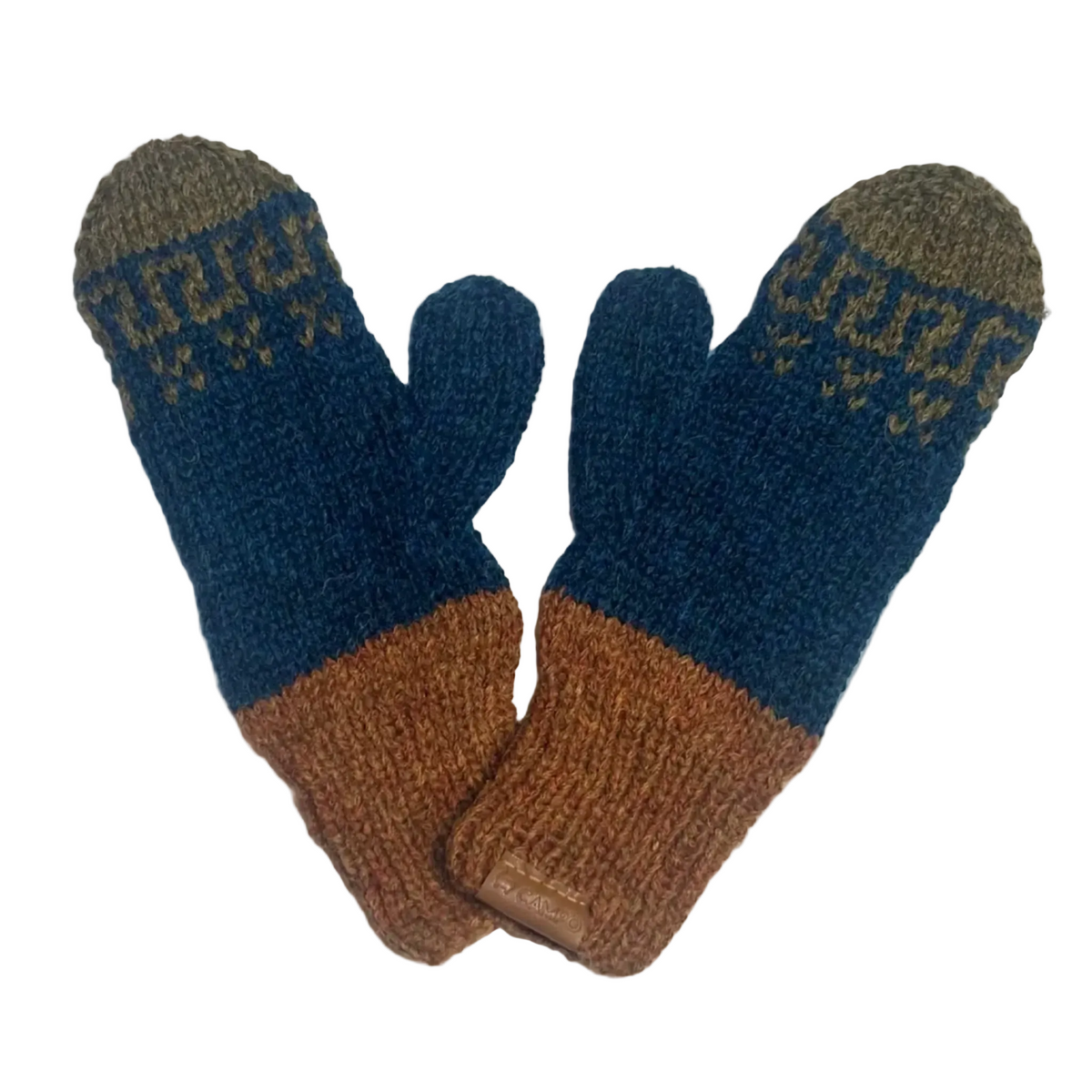 A pair of hand-knit winter mittens in navy blue, brown, and olive green, featuring a patterned knit design on the back of the hand and a small brown leather brand tab on the cuff.