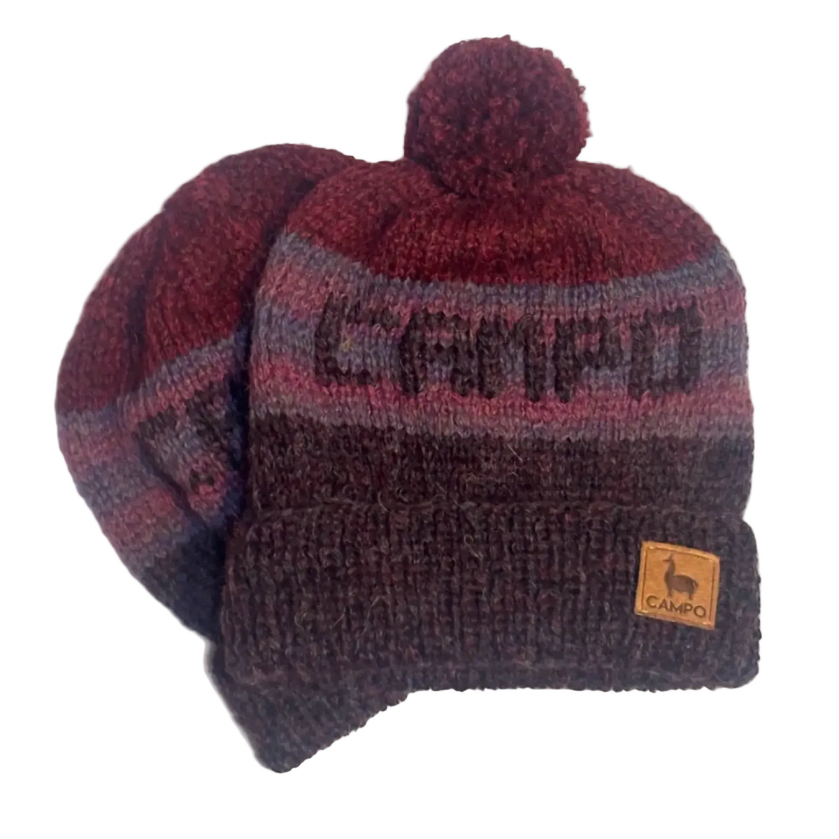 A maroon and dark gray striped knit beanie with a pom-pom and a small tan leather Campo logo patch on the cuff, shown on a plain light background.