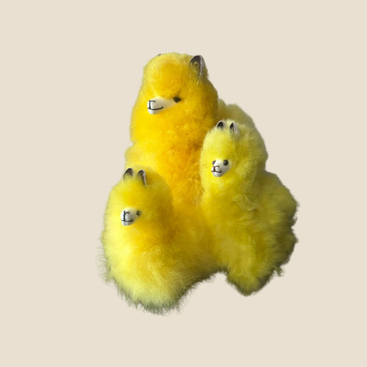 Three yellow plush alpaca on a beige background
