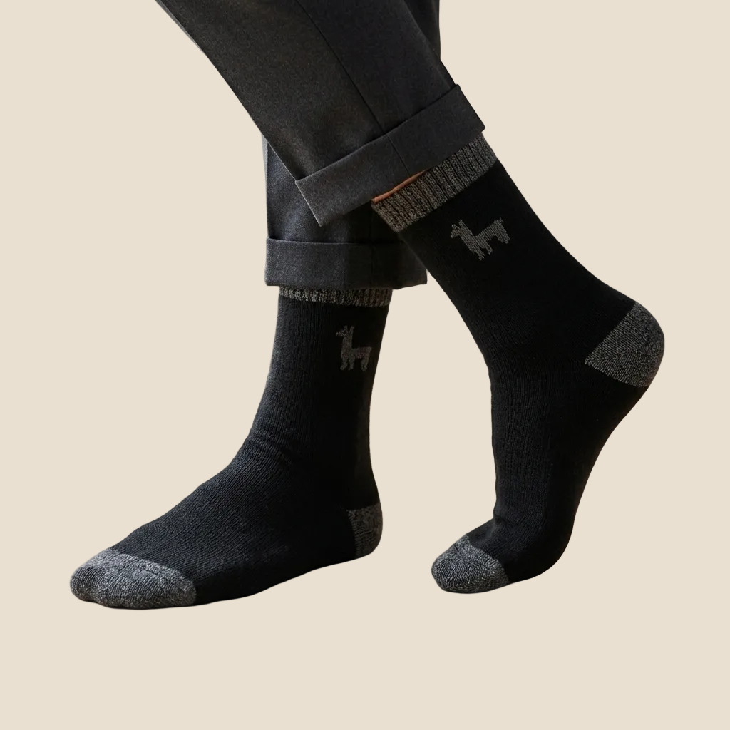 A person wearing black crew socks with gray heels, toes, and cuffs, featuring a small gray alpaca logo on the side. The socks are shown on a light wood floor next to a window.