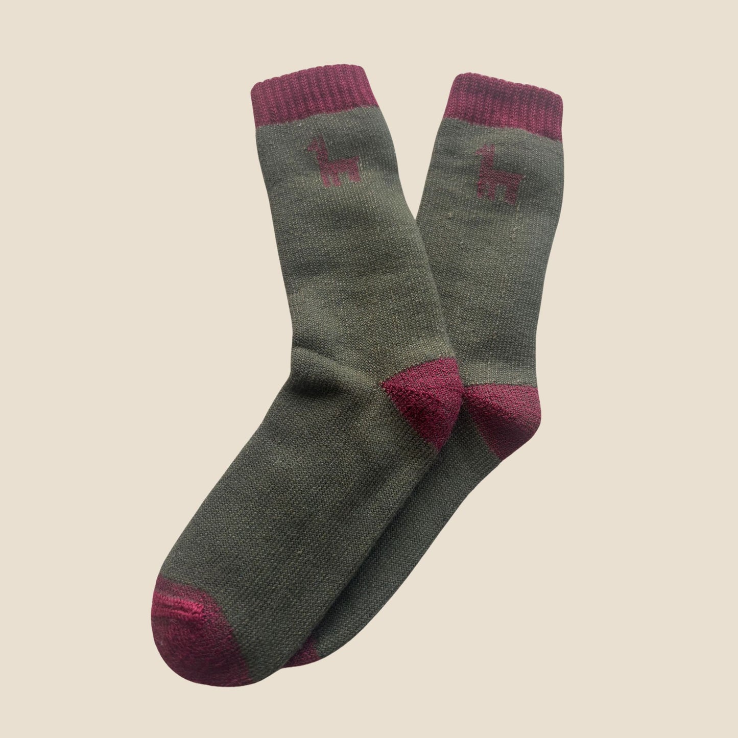 Pair of green socks with maroon accents on a beige background