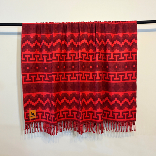 Red patterned scarf with fringes on a white background