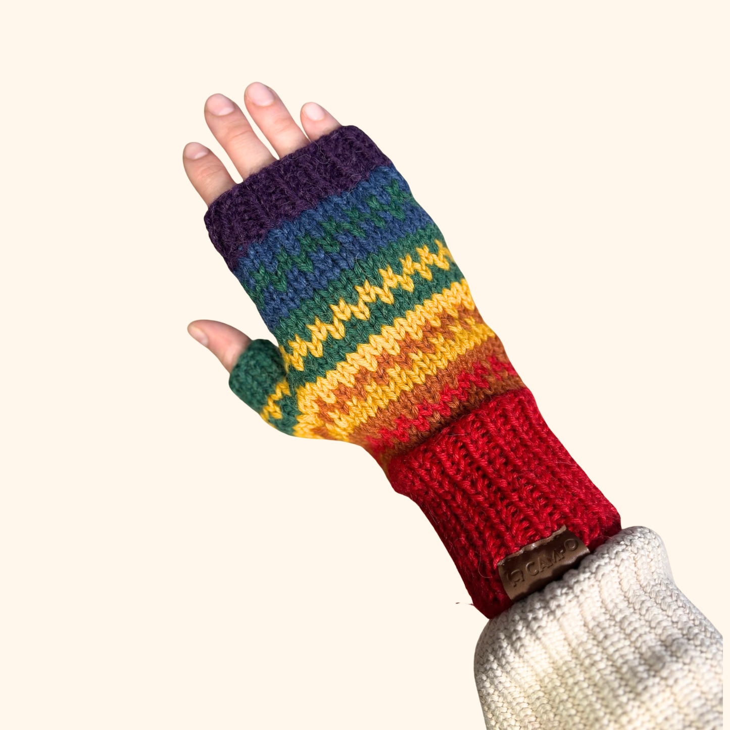 Colorful striped fingerless glove on a white background