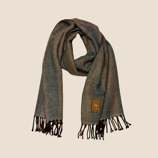 Dark Natural Campo Alpaca Striped Scarf – woven alpaca Carlos design with soft, lightweight texture