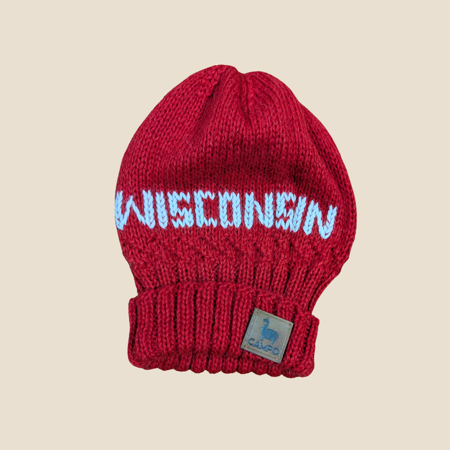 Red knit baby hat with 'WISCONSIN' on a beige background