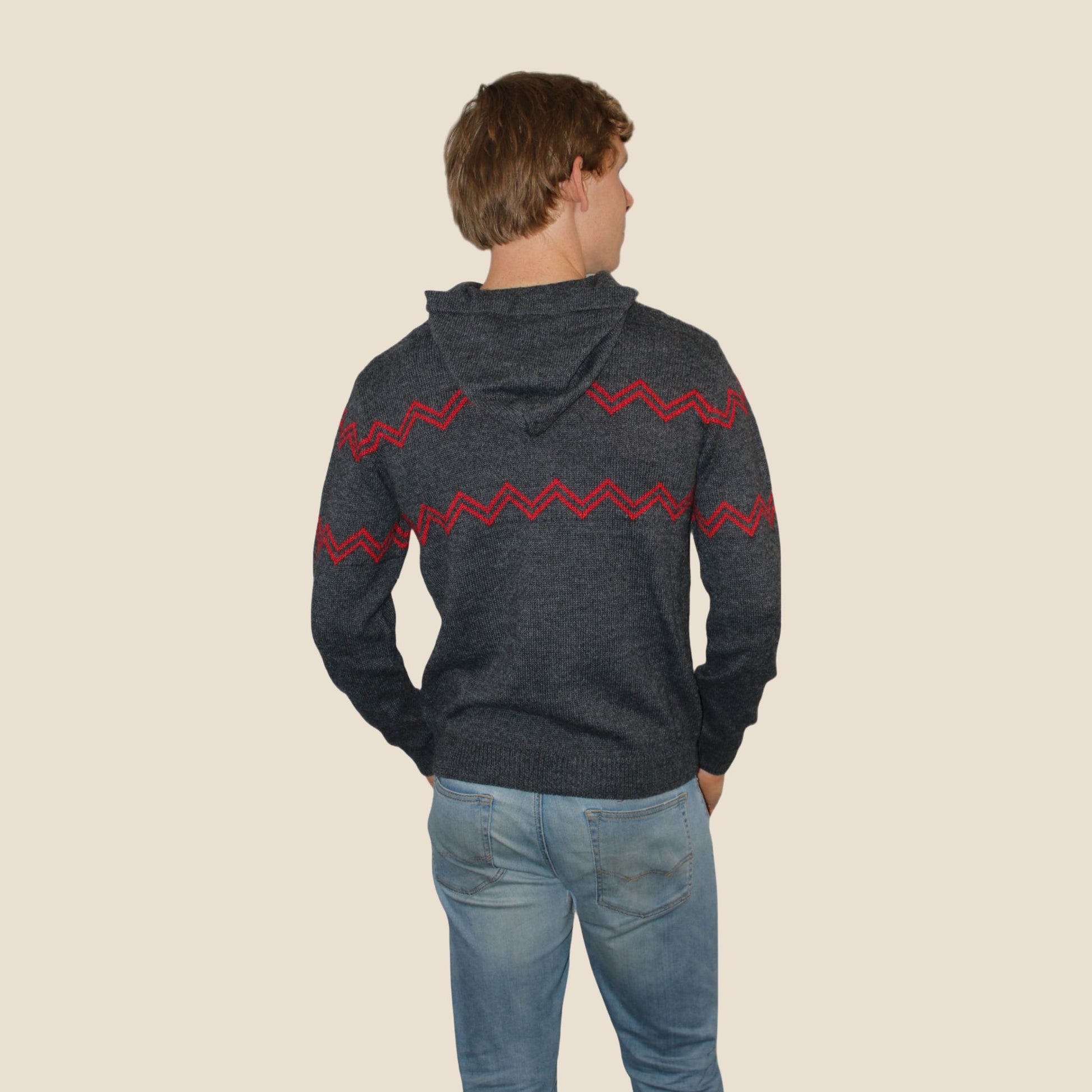 Person wearing a dark gray hoodie with red zigzag pattern on the back, standing against a beige background.