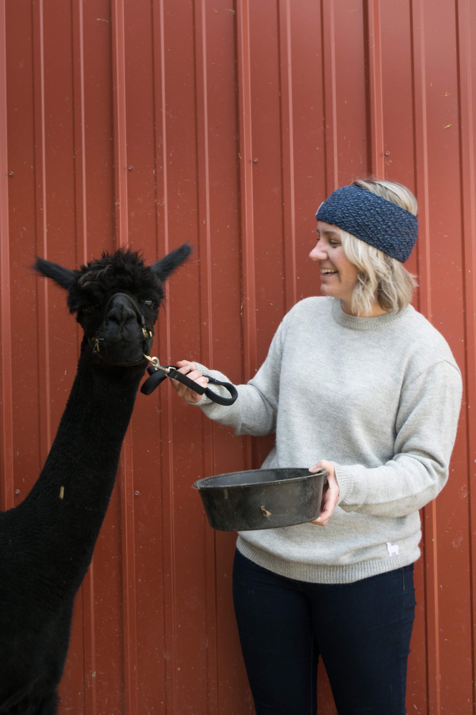 Woman in Light Gray Alpaca Crew Neck Sweater with alpaca